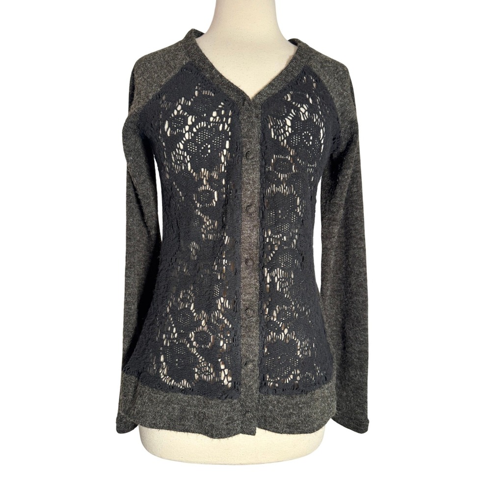 A'Reve Womens Charcoal Grey Knit Cardigan Black Floral Lace Overlay V-Neck SZ S